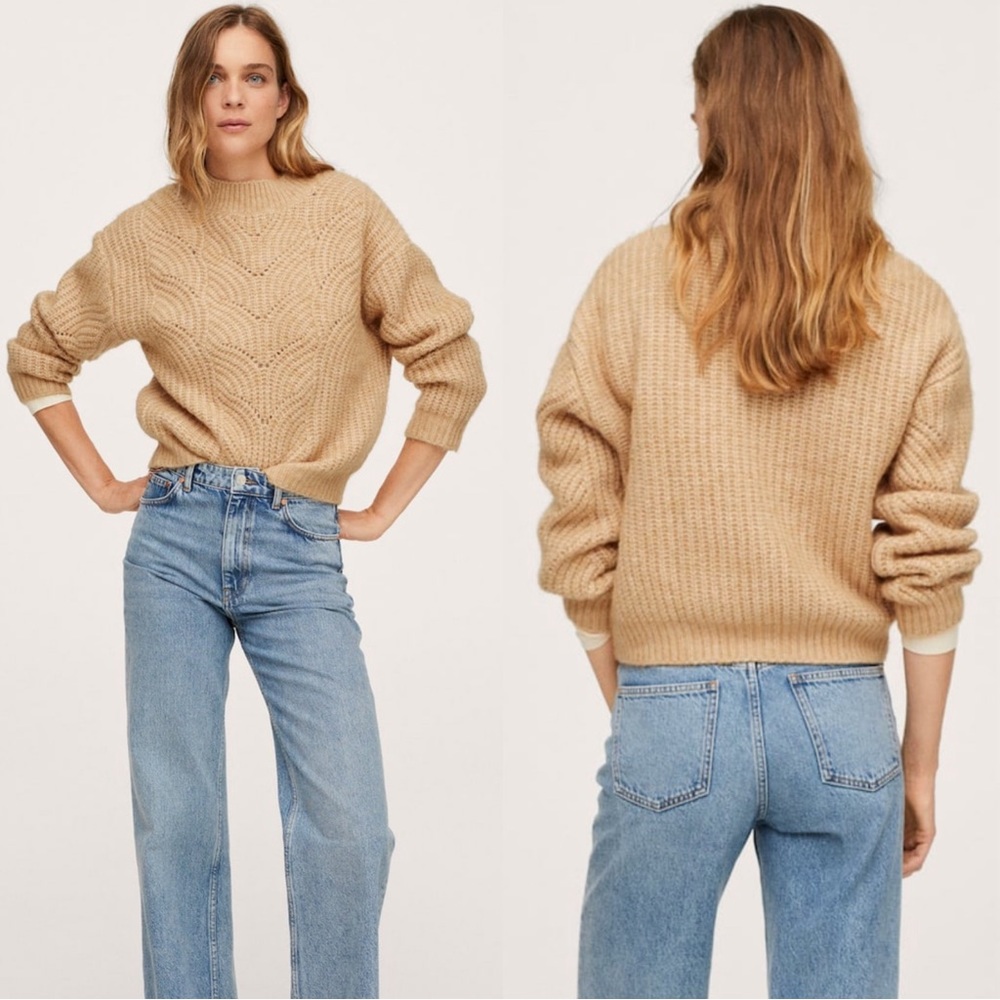 NWT Mango Contrasting Knit Sweater‎ Camel Large - Picture 2 of 13